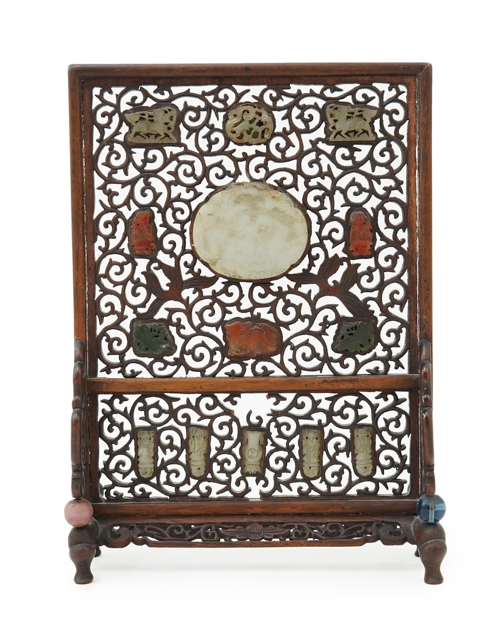 A Chinese jade and hardstone mounted hongmu table screen, late 19th/early 20th century